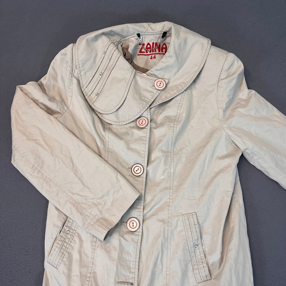 Zaina 44 Trench Coat Long Round Neck Collar Pleated‎ Studs Spring Womens British